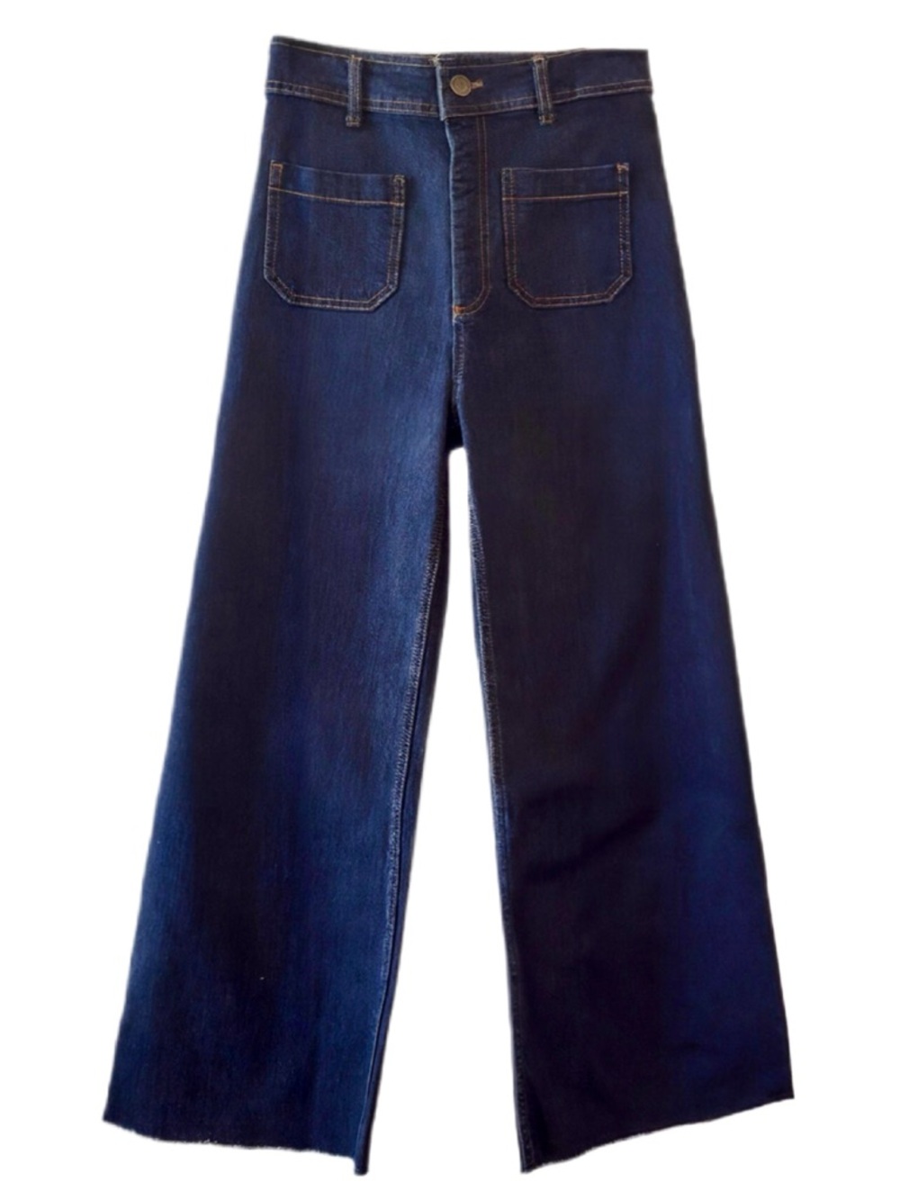 New ZARA Marine Straight Wide Leg High Waist Patch Pocket Dark Blue Jeans 4 - Picture 6 of 14
